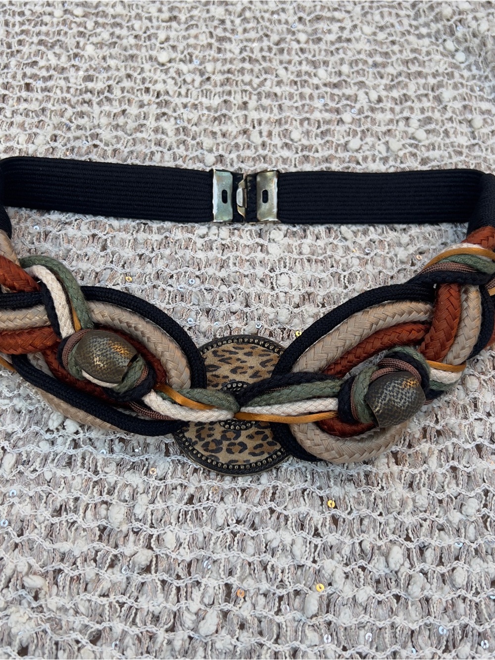 Braided Multicolor Elastic Waist Belt with Leopard Accent